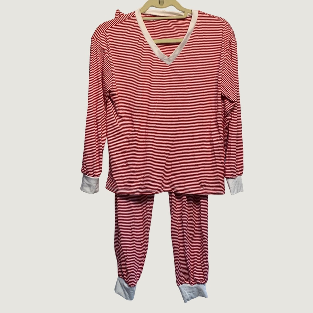 Pajama Set Small Red White Striped V-Neck Long Sleeve Loungewear Holiday Cozy